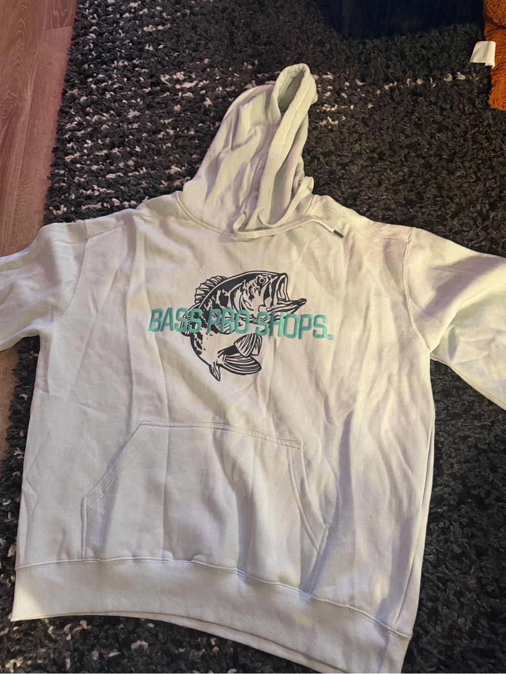 Bass Pro Shops Light Gray Hoodie with Teal Logo and Bass Graphic